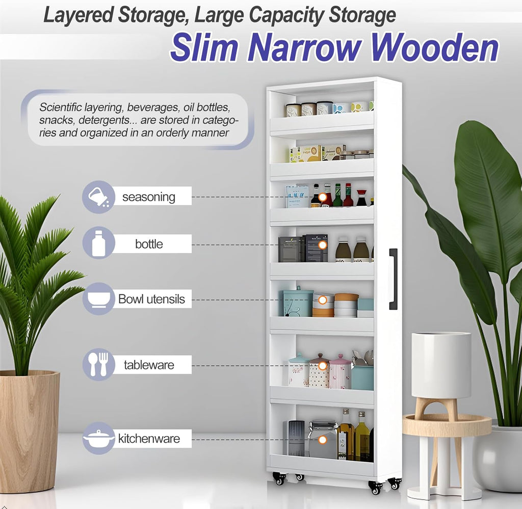 7-Tier Slim Storage Cart, Wooden Rolling Pantry Cabinet with Wheels, Narrow Shelf Organizer for Kitchen, Bakers Rack, Dining Room, Closet, Small Spaces Warm White 73.2''H*9.8''W*19.6''D