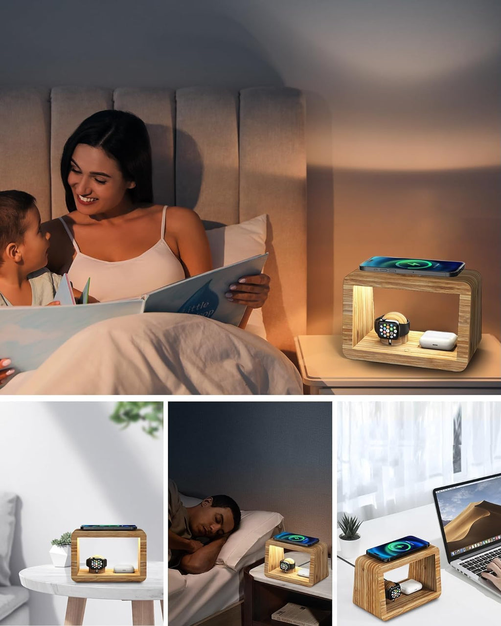 Bamboo Wireless Charging Station: 4-in-1Wireless Charger with Night Lights - Fast Charging Stand Compatible with iPhone 17/16/15/14/13/12 Pro Max/X/Xs Max/8, AirPods Pro, Watch Series