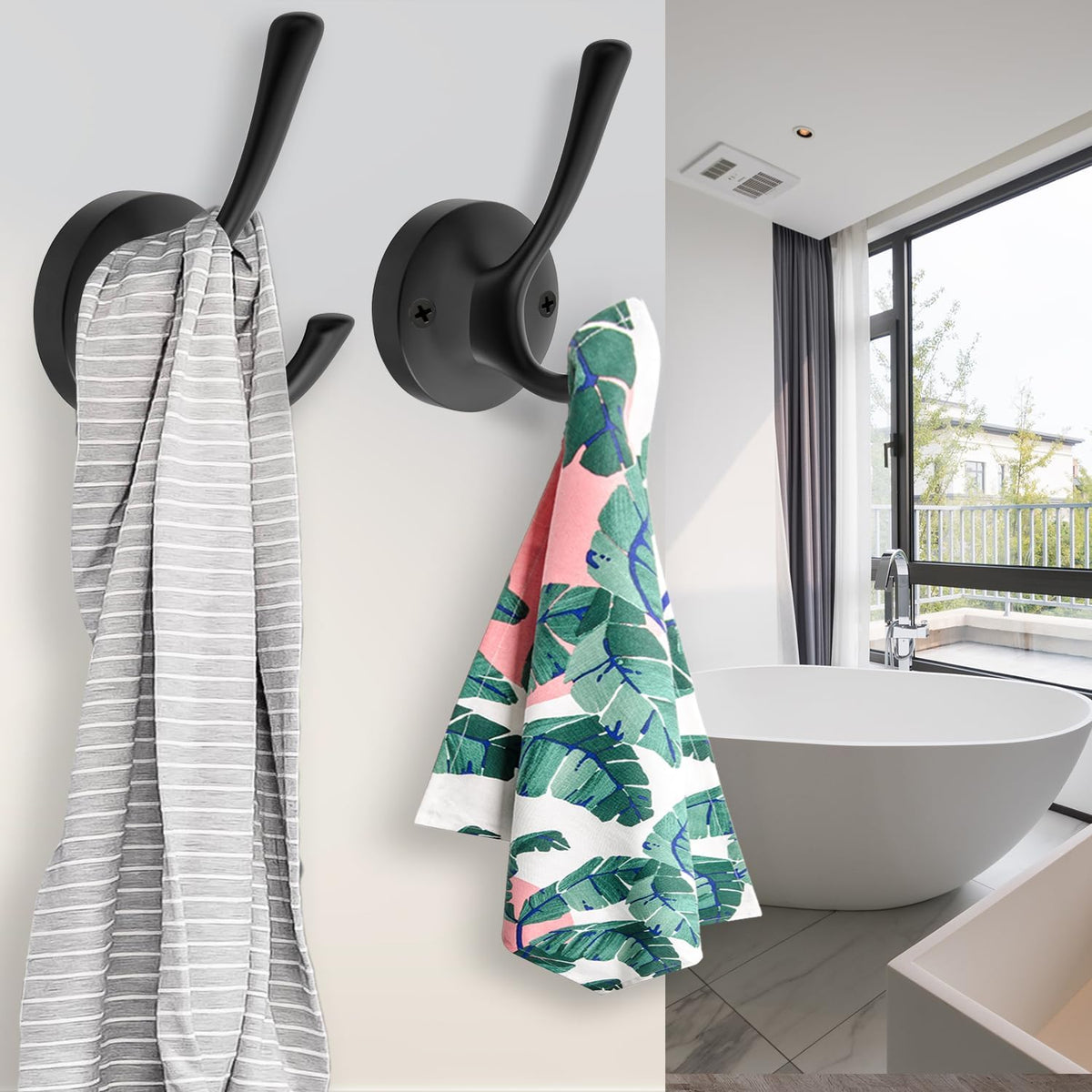 Black Wall Hooks Towel Hooks, 3 Pack Coat Hooks Robe Hook Heavy Duty Metal Double Bath Hook Wall Mounted, Hand Towel Hooks for Entryway Bathroom Kitchen Closet Garage