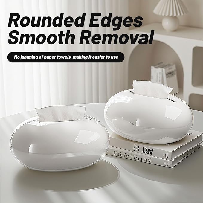 Modern Tissue Box Cover for Home and Office – Magnetic Lid Oval Tissue Holder, Inside Dimensions 8.07" × 5.91" × 3.44", Decorative Clear Double-Layer Plastic, Luxe Home Decor (White)