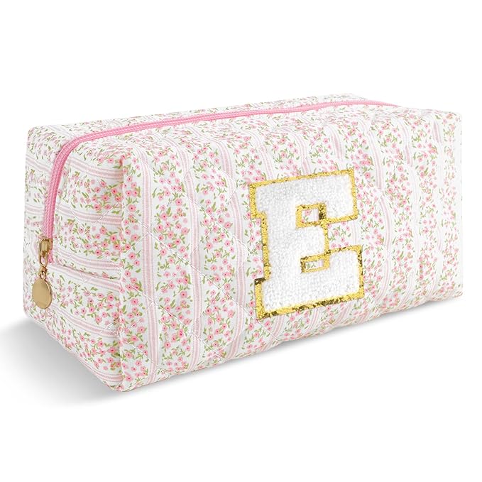 Personalized Quilted Cosmetic Bag, Puffy Monogrammed Christmas Birthday Gifts for Women & Girls, Cute initial Floral Makeup Bag Puffer Coquette Bag, Aesthetic Travel Toiletry Zipper Pouch(Pink,E)