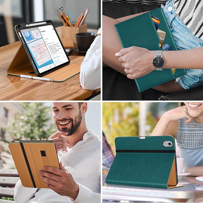 DTTO for iPad (A16) 11th Generation Case 11 Inch 2025, iPad 10th Generation Case 10.9 Inch 2022, Premium Leather Business Folio Stand Cover with Pencil Holder - Auto Wake/Sleep, Green
