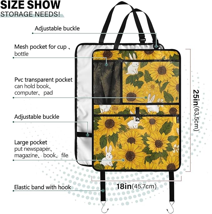 1 Pack Back Seat Car Organizer with Storage Pockets Kick Mats Back Seat Protector Hanging Car Organizer Automotive Seat Back Cover Organizers Autumn Sunflower and Cute Rabbit