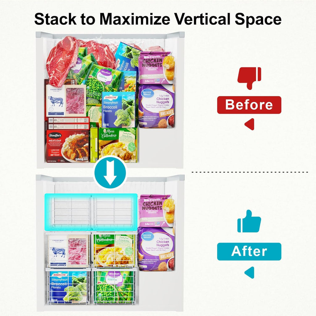 iSPECLE Deep Freezer Organizer Bins - 3 Pack Large Freezer Organizer Bins for 5 to 7 Cu.Ft Chest Freezer, Stackable Easy Access Food No More Digging, Sturdy Metal Wire Basket Not Scratch Bottom, White