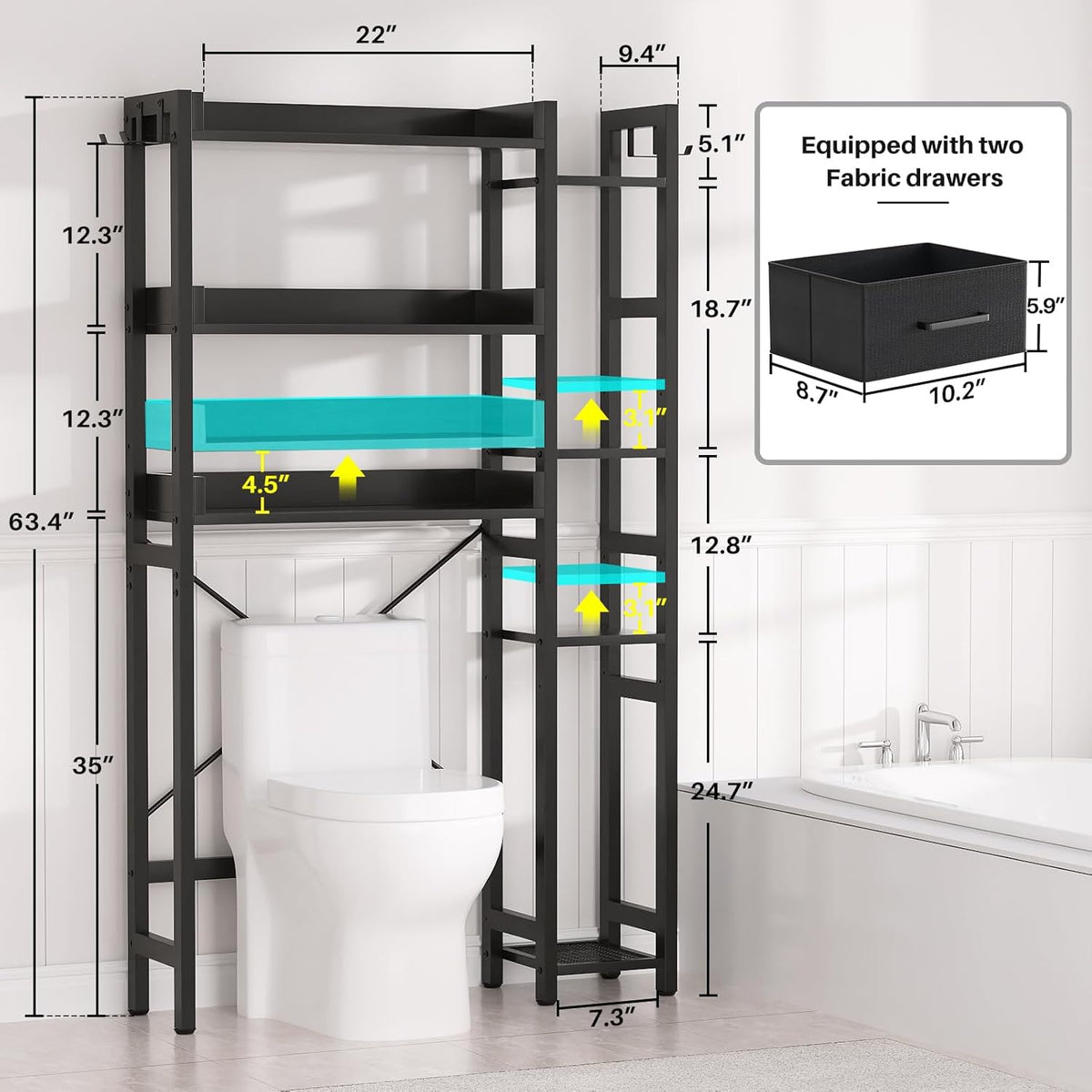 Over The Toilet Storage with 2 Drawers - 7 Tier Bathroom Organizer with Adjustable Shelf, Freestanding Space Saver Storage Rack Above Toilet Stand with 4 Hooks for Restroom, Laundry, Black