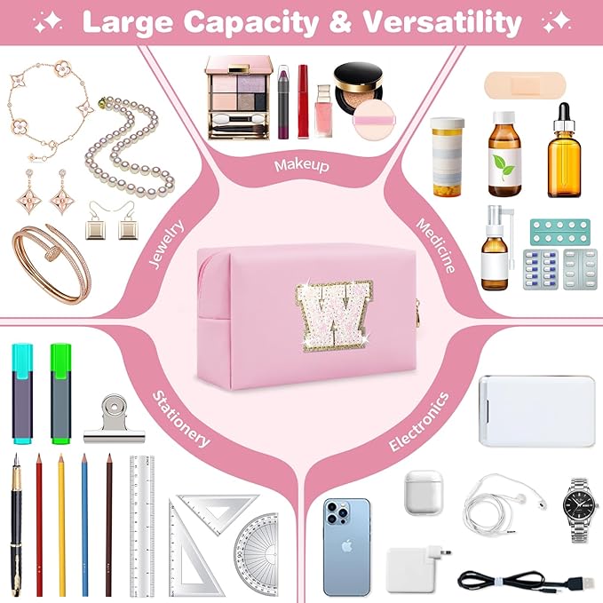 Small Personalized Initial A-Z Patch Makeup Bag,Pink Cute PU Leather Glitter Letter Cosmetic Bag for Teen Girls,Travel Toiletry Bag with Zipper,Preppy Monogrammed Birthday Gift for Daughter Niece W