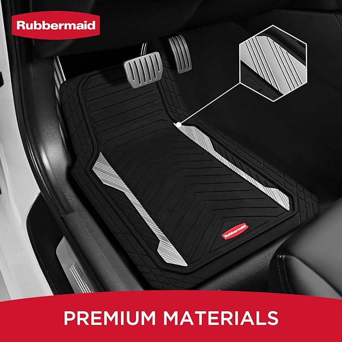 Rubbermaid Car Floor Mat, Heavy Duty All-Weather Car Mats Full Set with Dual-Tone Sliver Aluminum Inserts – Universal Fit, Anti-Slip Backing, Trim-to-Fit for Most SUV, Sedan, Van