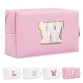 Small Personalized Initial A-Z Patch Makeup Bag,Pink Cute PU Leather Glitter Letter Cosmetic Bag for Teen Girls,Travel Toiletry Bag with Zipper,Preppy Monogrammed Birthday Gift for Daughter Niece W