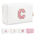 Small Initial Patch Makeup Bag Personalized Gifts Make Up Bag,White Cute PU Leather Glitter Letter Cosmetic Bag with Zipper,Trendy Portable Travel Toiletry Pouch,Preppy Stuff for Teen Girls Women C