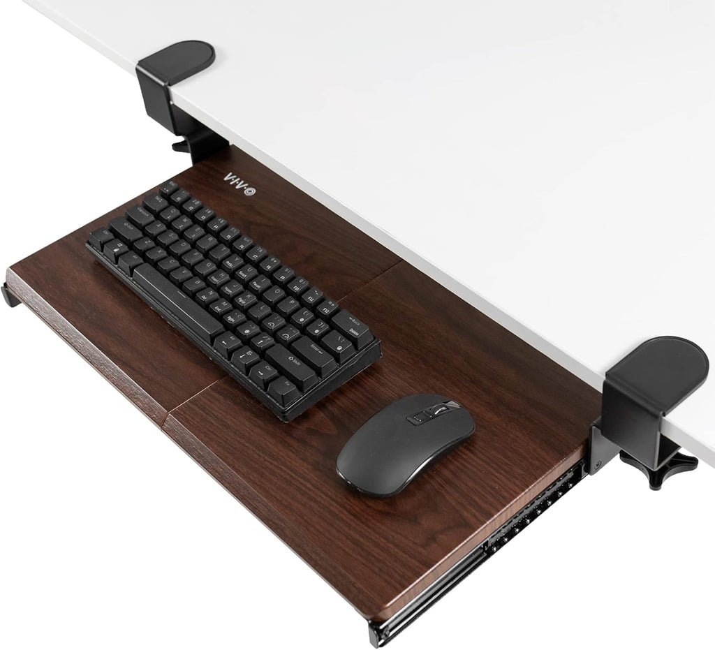 VIVO Small Keyboard Tray, Under Desk Pull Out with Extra Sturdy C Clamp Mount System, 20 (26 Including Clamps) x 11 inch Slide-Out Platform Drawer, Dark Walnut Top, Black Frame, MOUNT-KB05ES-D