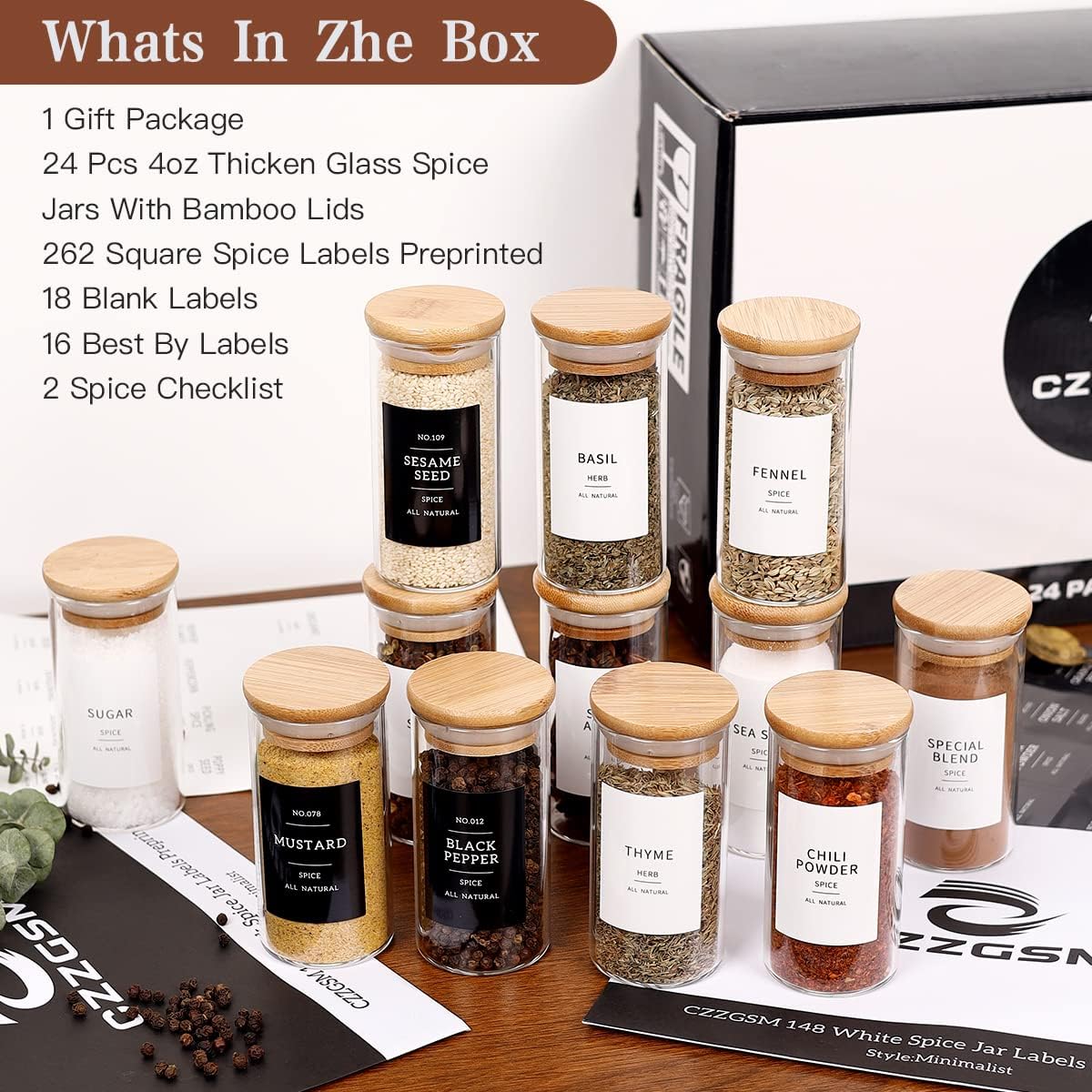 24 Pcs Glass Jars With 296 Spice Labels Preprinted of White and Black Color- 4oz Thicken(2.4mm) Empty Small Herb Seasoning Containers With Bamboo Airtight Lids
