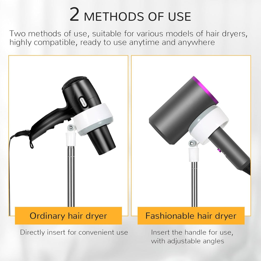 INNOLIFE Hair Dryer Stand, Adjustable Height Handsfree Hair Dryer Holder with Base, 180 Degree Rotating Floor Stand Blow Hairdryer Holder - White