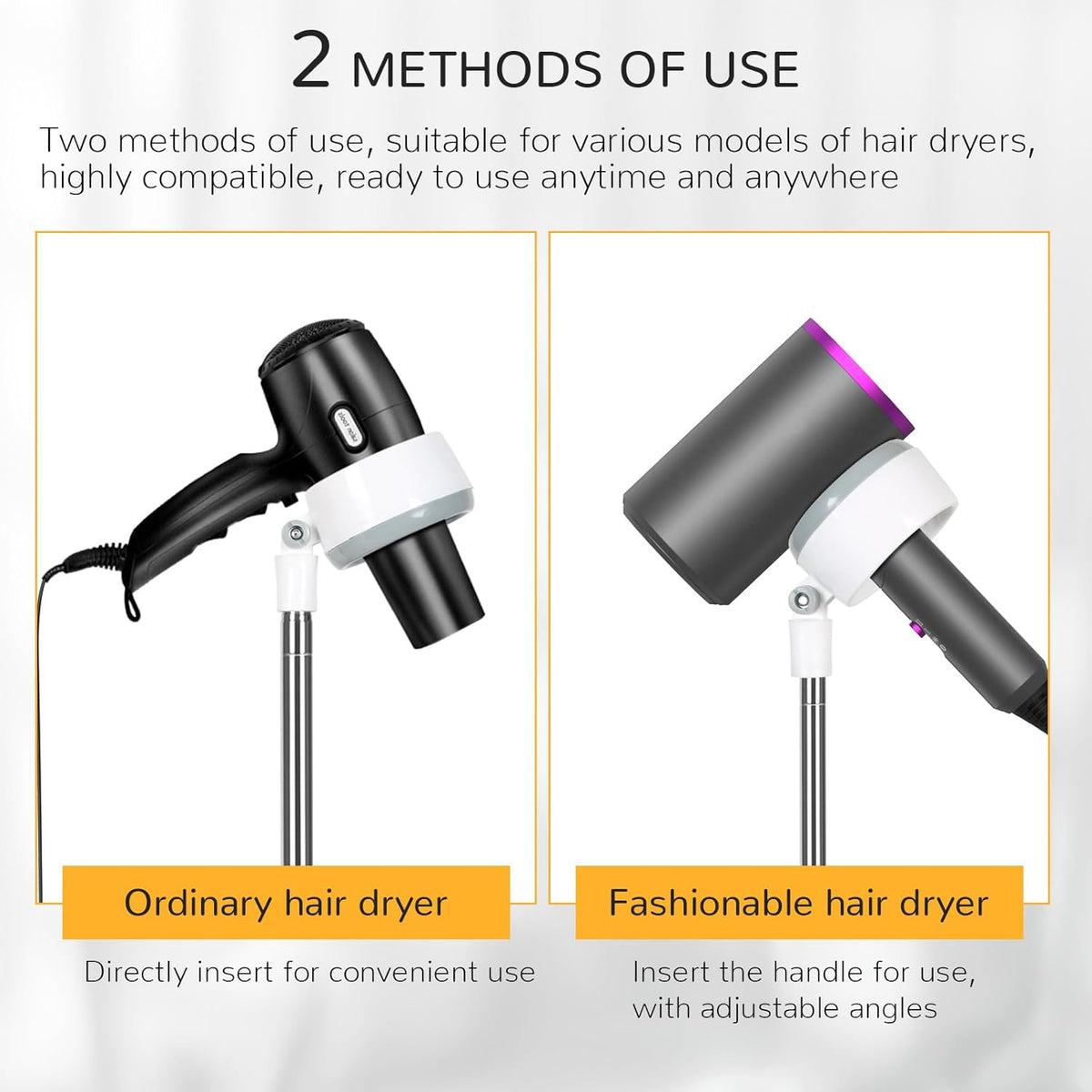 INNOLIFE Hair Dryer Stand, Adjustable Height Handsfree Hair Dryer Holder with Base, 180 Degree Rotating Floor Stand Blow Hairdryer Holder - White