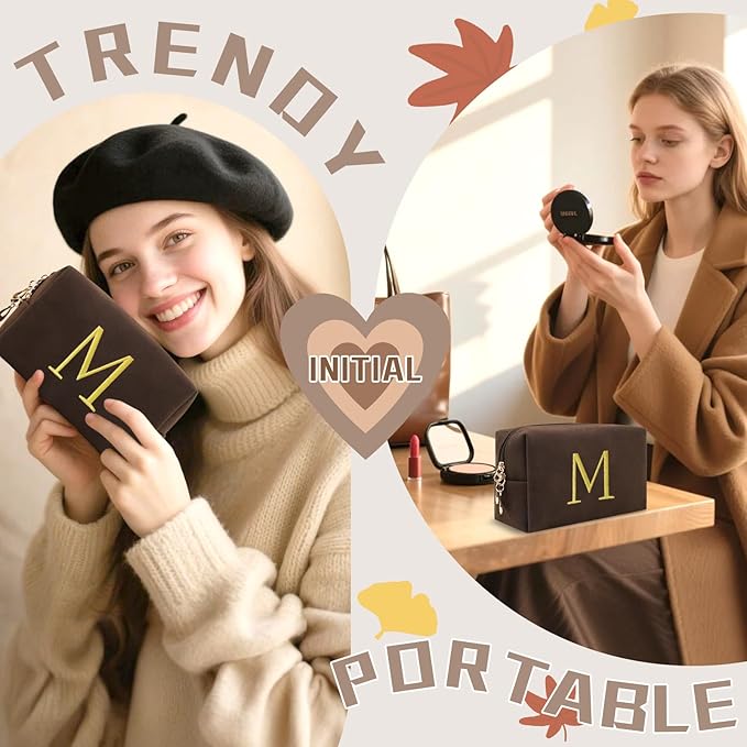 Personalized Initial Makeup Bag,Preppy Suede Cosmetic Bag for Teen Girls,Small Monogram Travel Toiletry Bag With Gold Embroidered Letter,Trendy Stuff Custom Christmas Gift for Women(Coffee-M)