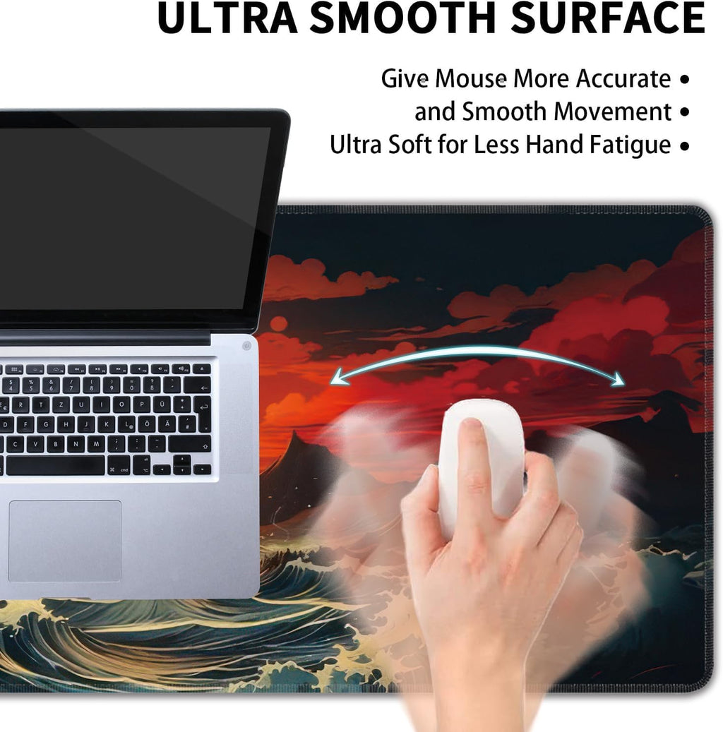 Japanese Sea Wave Large Mouse Pad,Gaming Keyboard Desk Pad,Extended Mouse Mat Non-Slip Rubber Base with Stitched Edges for Office Game Home XL 31.5"x11.8"