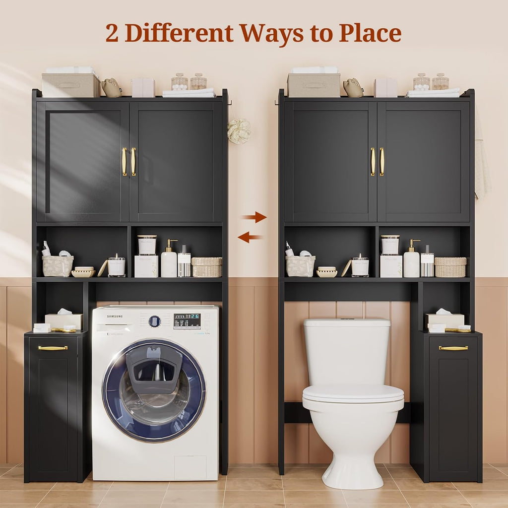Over The Toilet Storage Cabinet with Pulley Small Bathroom Storage Cabinet, Space Saver W/Adjustable Shelf & Open Shelf for Bathroom, Restroom, Laundry (Black)