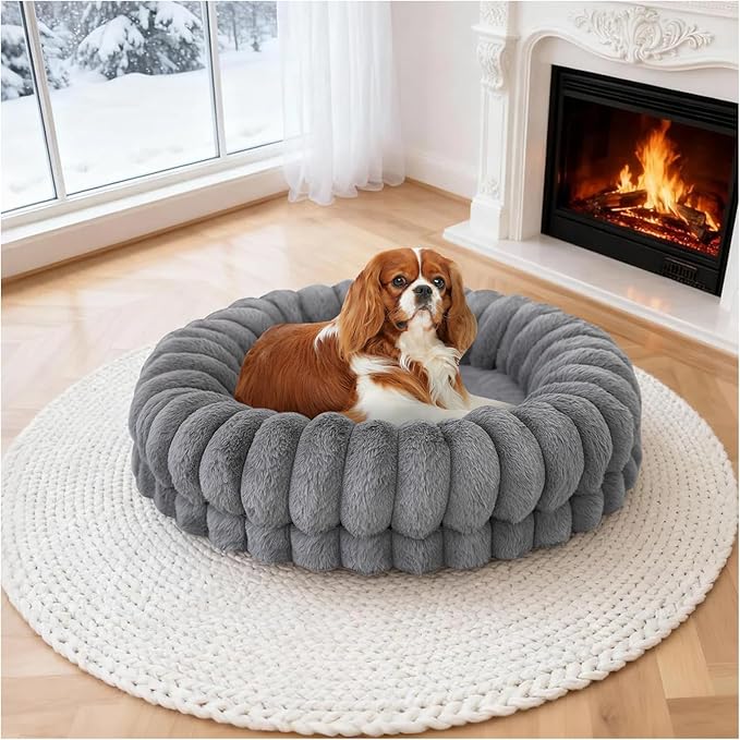 BALANCE Luxury Donut Dog Bed, 23 Inches Round Dog Beds for Small Dogs Washable, Orthopedic Calming Pet Bed for Puppy and Cats with Anti-Slip Bottom, Gray