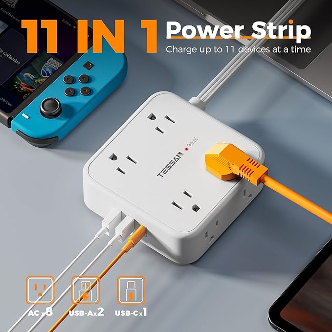 Surge Protector Power Strip, TESSAN 15 FT White Extension Cord Flat Plug