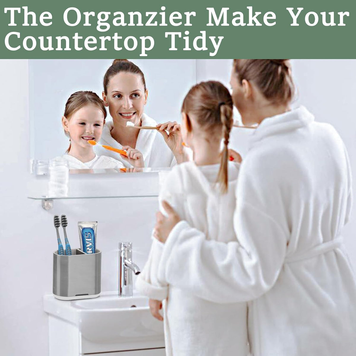 Toothbrush and Toothpaste Holder with Divider for Bathroom Countertop Organizer, 2 Slots Electric Toothbrush Holders Storage Caddy Drainage for Family, Kids (Brushed Silver)