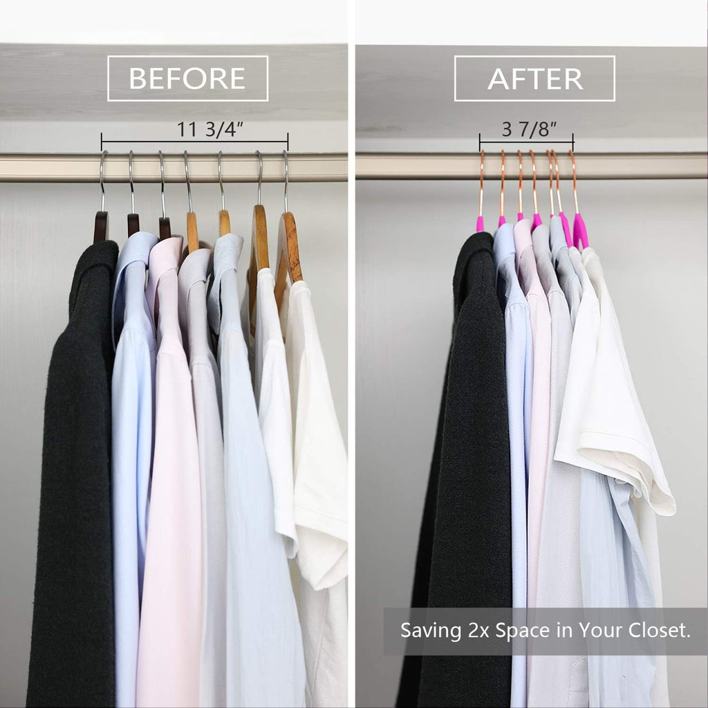 MIZGI Premium Velvet Hangers (Pack of 50) Heavyduty - Non Slip - Velvet Suit Hangers Pink - Copper/Rose Gold Hooks,Space Saving Clothes Hangers