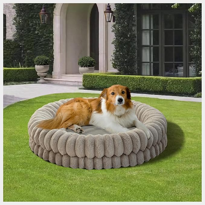 BALANCE Luxury Donut Dog Bed, 36 Inches Round Dog Beds Large Sized Dogs Washable, Orthopedic Calming Dogs Bed for Pets with Anti-Slip Bottom, Oatmeal