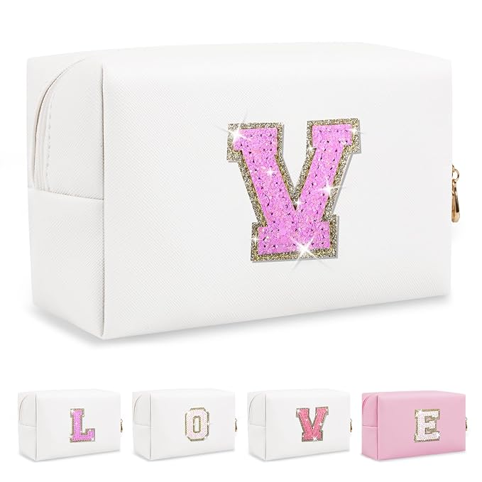Small Initial Patch Makeup Bag Personalized Gifts Make Up Bag,White Cute PU Leather Glitter Letter Cosmetic Bag with Zipper,Trendy Portable Travel Toiletry Pouch,Preppy Stuff for Teen Girls Women V