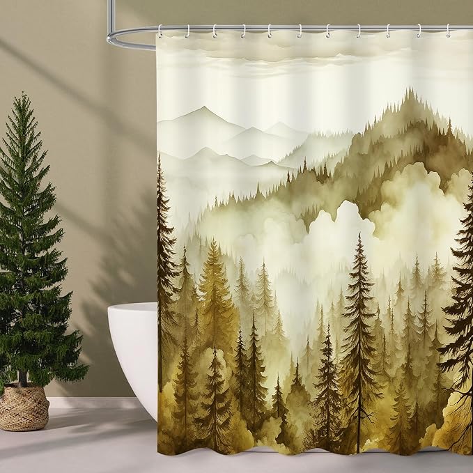 Litabel Yellow Extra Long Misty Pine Forest Shower Curtain 72 x 84, XL Mountain Foggy Woodland Scenery Tree Shower Curtains for Bathroom, Abstract Waterproof Nature-Themed Decor
