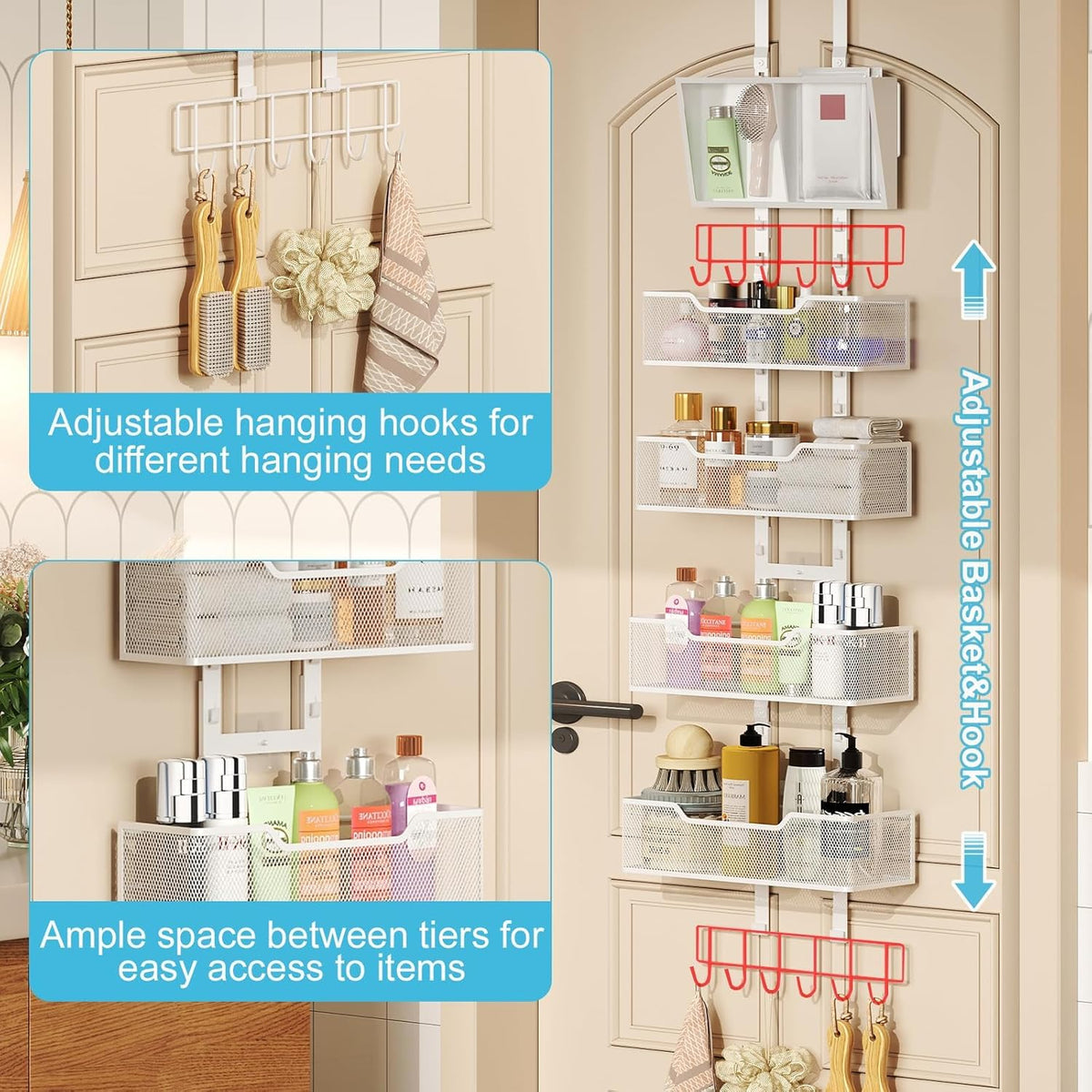Adjustable Over The Door Organizer, Hanging Door Storage with PVC Pocket and 4 Metal Baskets Wall Mount, Closet Door Organizer Behind Door Rack for Bathroom Bedroom Closet, White