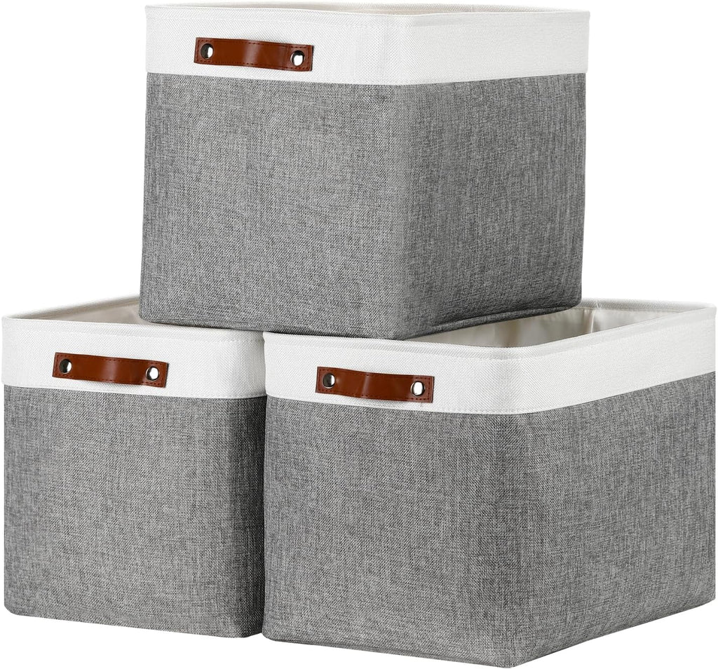 DULLEMELO Large Storage Baskets, Fabric Storage Basket with Leather Handles for Shelves Closet Nursery Toy Storage, Collapsible Fabric Baskets for Toy Book Magazine Towel Organizers(White&Gray)