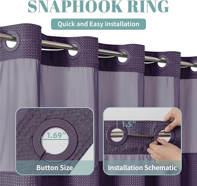 eachope Purple Long No Hook Waffle Weave Shower Curtain with snap-in Liner Replacement, 230GSM Waterproof Fabric Hotel Shower Curtain Set for Bathroom, Through Mesh Top Window,71Wx80H