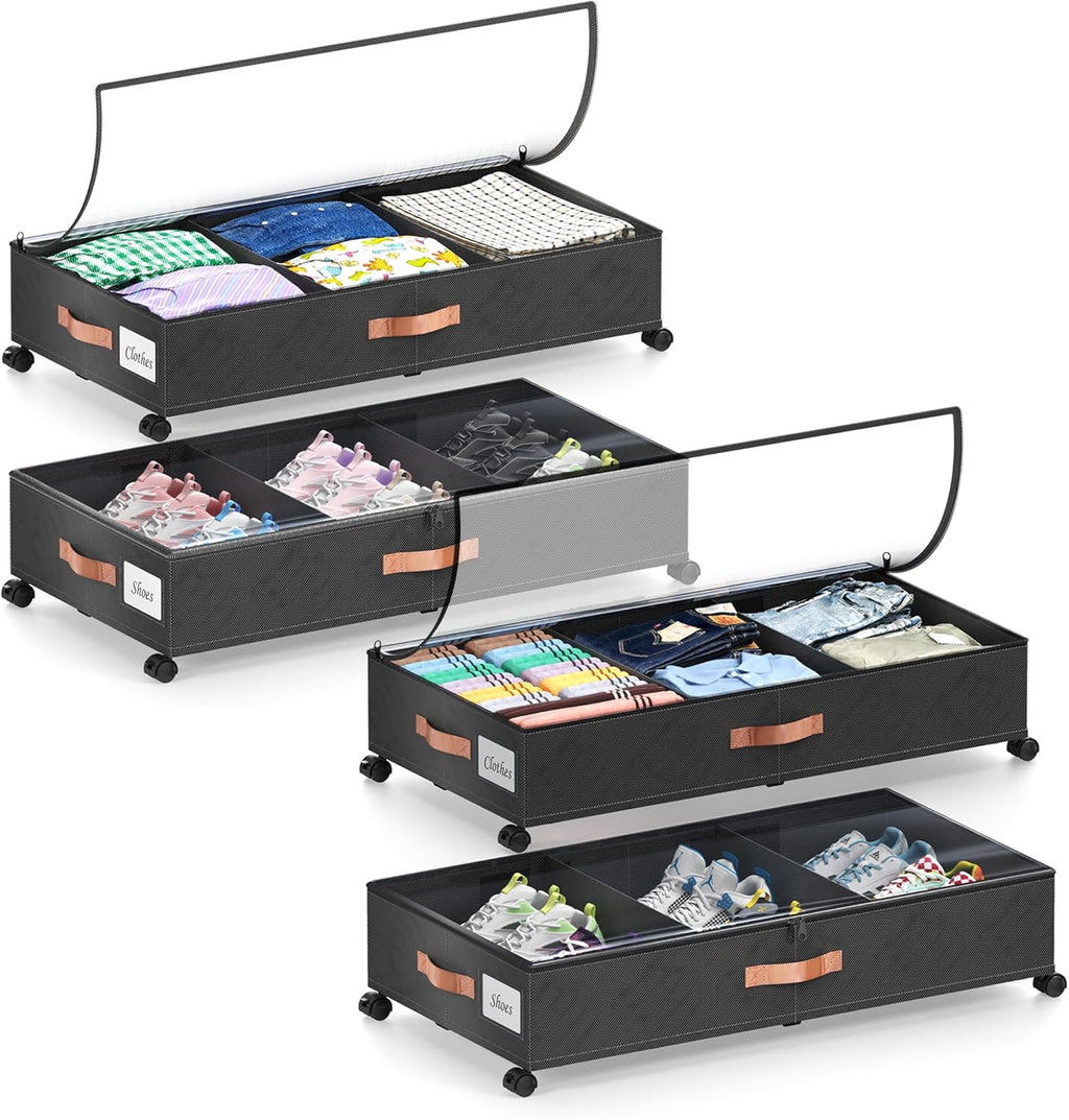 Under Bed Storage with Wheels, 4 Pack Under Bed Storage Container with Dividers & Clear Lids, Under the bed storage Organizer Bins,Underbed Storage with Wheels for Clothes,Toys,Shoes (Black)