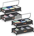 Under Bed Storage with Wheels, 4 Pack Under Bed Storage Container with Dividers & Clear Lids, Under the bed storage Organizer Bins,Underbed Storage with Wheels for Clothes,Toys,Shoes (Black)