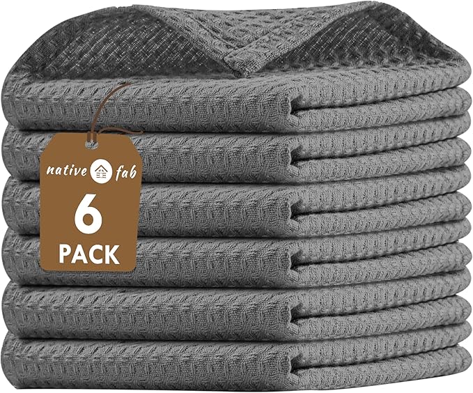 Native Fab 6 Pack Waffle Dish Cloths - 100% Cotton, Absorbent, Quick Dry & Soft Towels for Cleaning, Cooking & Drying Dishes - Perfect for Home, Restaurants, Bars, 12x12 inch - Grey