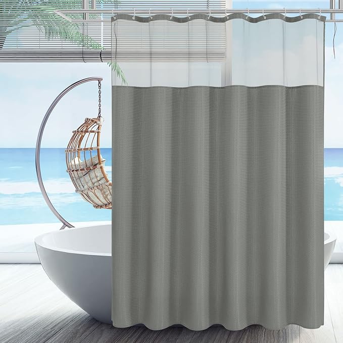 Gibelle Waffle Weave Shower Curtain with Mesh Top Window and Hooks Set, Spa Like Hotel Style Fabric Shower Curtain for Bathroom, Grey, 72x72