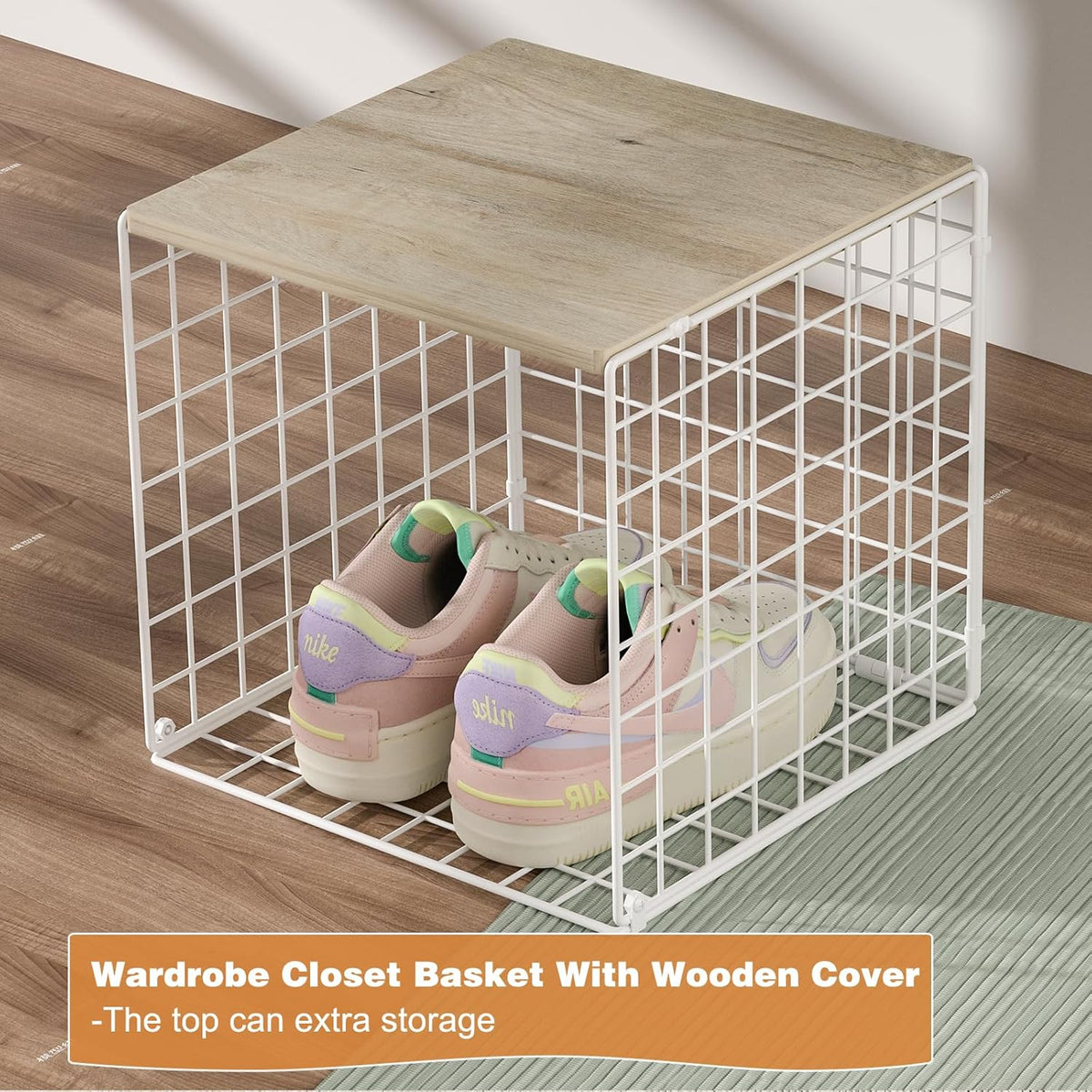 3PCS Stackable Closet Organizers and Storage, Closet Shelves with Wood Top Extra Storage, Clothes Storage Organizer Basket Bin/Cube for Home Wardrobe Organization(White-Sturdy Metal) Patent Pending