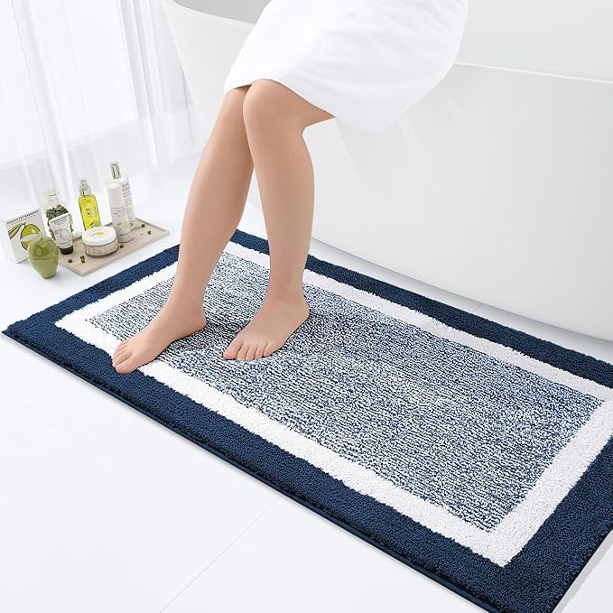 OLANLY Bathroom Rugs 44x24, Extra Soft and Absorbent Microfiber Bath Mat, Non-Slip, Machine Washable, Quick Dry Shaggy Bath Carpet, Suitable for Bathroom Floor, Tub, Shower (Runner, Navy)