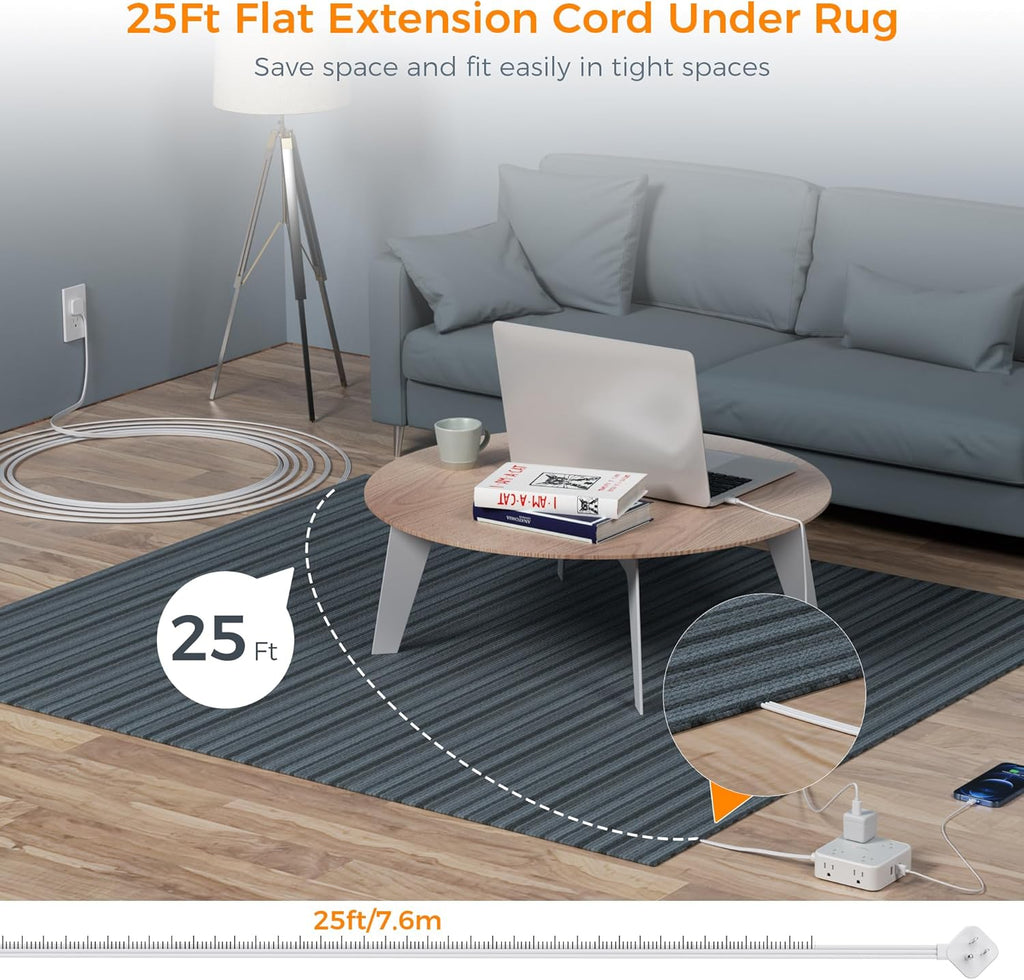 Flat Plug Long Extension Cord 25 Ft, TESSAN Power Strip Surge Protector with 8 Outlets 3 USB Ports (1 USB C), 900J Protection Desktop Charging Station for Home, Office, Dorm Room Essentials