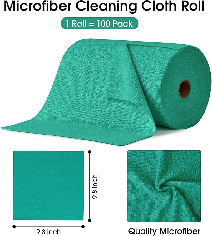 KitchLife Microfiber Cleaning Cloth Roll, 100 Pack - Tear-Away Microfiber Paper Towels, Lint-Free, Reusable, Washable for Kitchen, Car, Dishes, and Sensitive Surfaces (Forest Green)