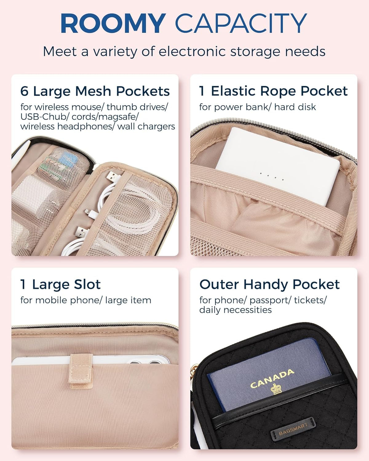 BAGSMART Electronic Cord Cable Organizer Travel Bag Case, Double Layers Tech Electronic Bag, Essentials for Charger, Cable, Phone, Flash drive, Black