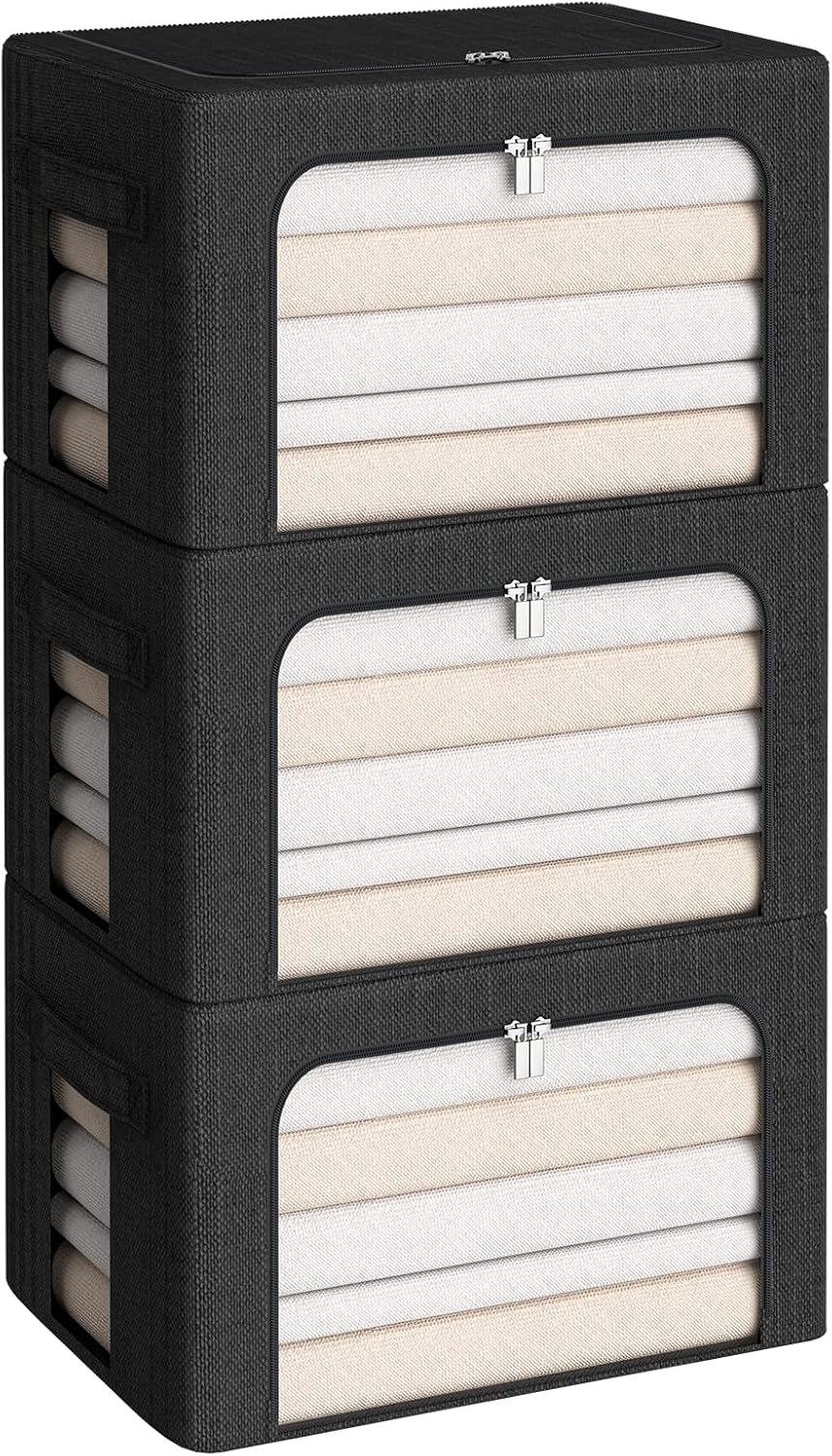 CYhom 3Pack Foldable Storage Bins - Frame Storage Box Linen Fabric Stackable Clothes Container Organizer with Clear Window & Carry Handles Large Capacity (Medium-36L, Black)