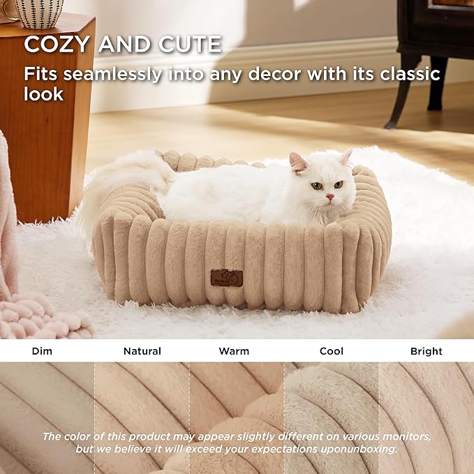 Bedsure Cute Dog Bed for Small Dogs & Cats - Washable Furry Puppy Beds, Rectangle Orthopedic Corduroy Fleece Pet Beds with Removable Zipper Cover, 20x19x6inches, Sandy Beige