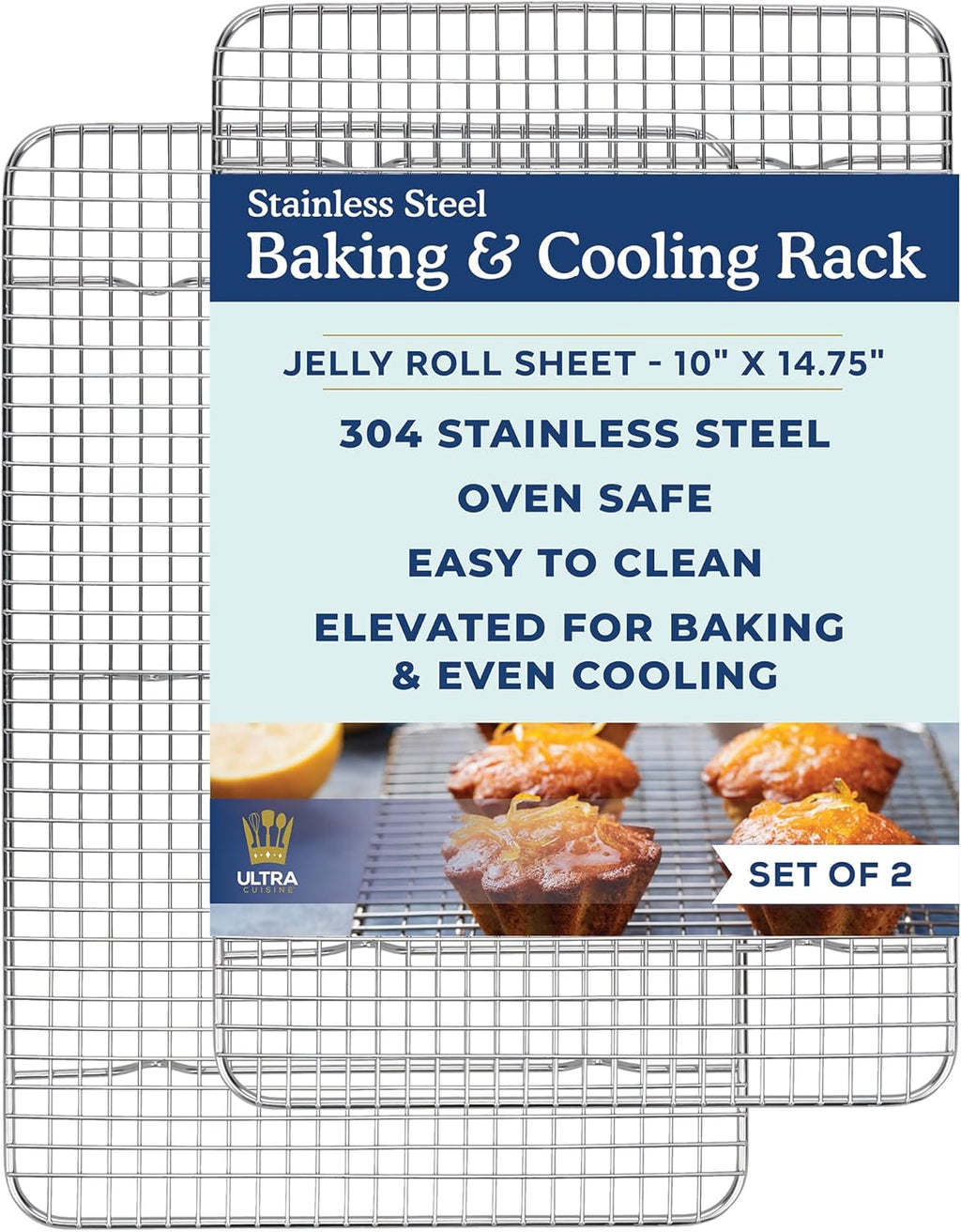Ultra Cuisine Oven-Safe, Dishwasher-Safe 100% Stainless Steel Cooling & Baking Rack Set - Jelly Roll Sheet Pan Size - Heavy Duty - 10 x 14.7" - Set of 2 - Wire Cooling Racks for Baking & Cooking