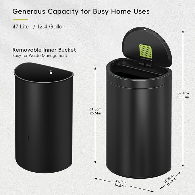 EKO Mirage Semi-Round 47L / 12.4 Gal Motion Sensor Trash Can, Automatic Kitchen
