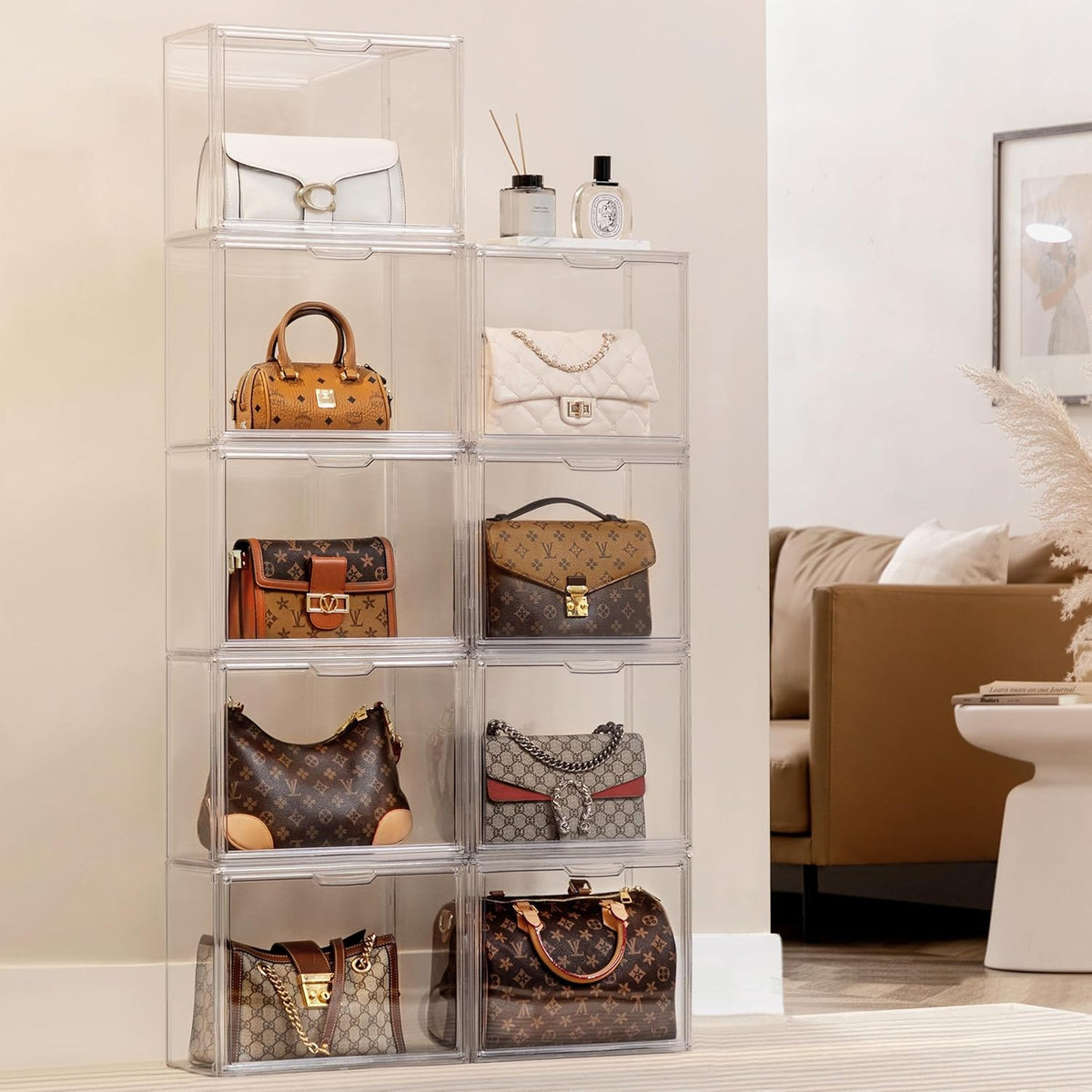 HBlife 3 Pack Purse Storage Organizer for Closet, Medium Clear Stackable Handbag Display Case Box with Magnetic Door for Collectibles, Cosmetics, Women Heels and Toys