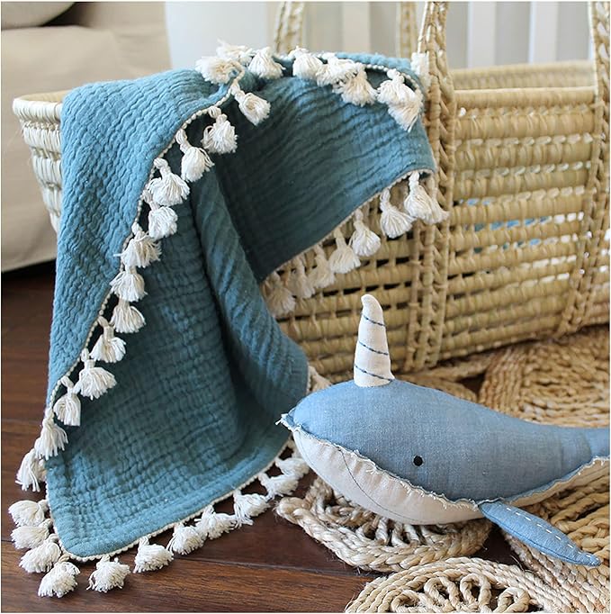 Crane Baby Muslin Swaddle Blanket, Soft Cotton Lightweight Nursery and Stroller Blanket for Baby Boys & Girls, Riverstone, 30" x 40"