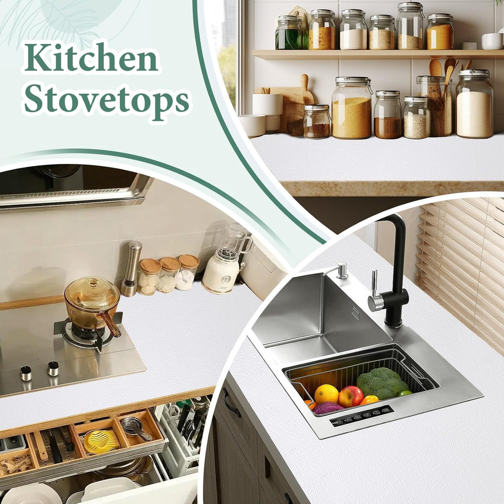 Drawer and Shelf Liner for Kitchen Cabinet: 17 in X 30 Ft Non Slip Waterproof Shelf Paper Non Adhesive Refrigerator Liners White Easy Liners for Bathroom Cupboard with Knife Tape Measure