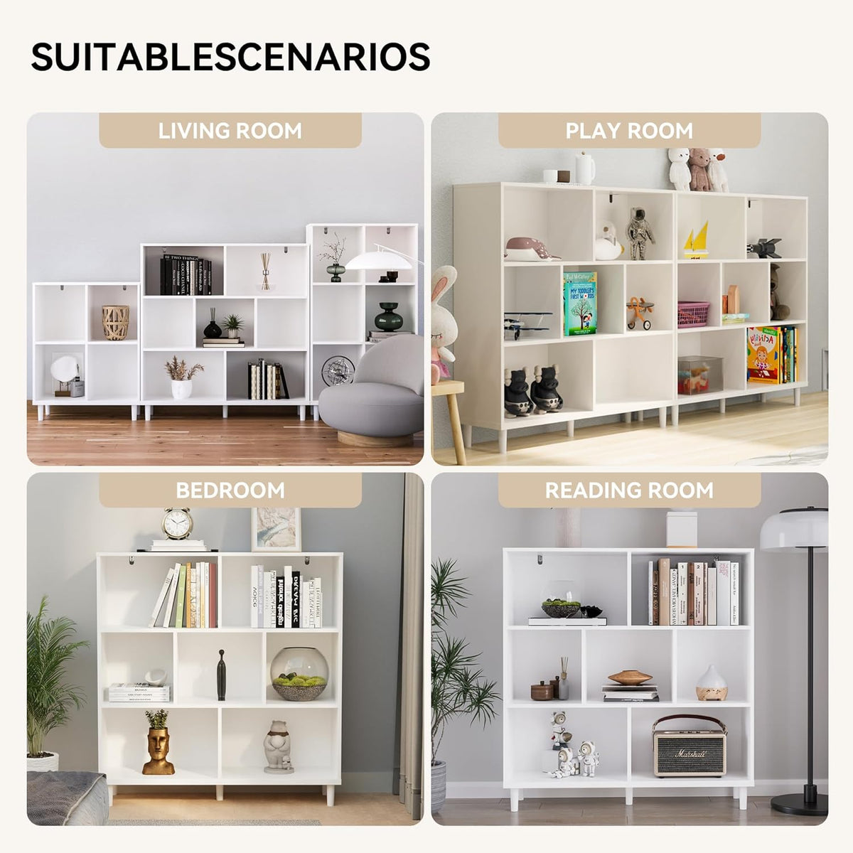 Wood Cube Storage Organizer White Bookshelf - 3-Tier Freestanding Storage Cabinet with Legs for Home Office, 7-Cubes Open Shelf