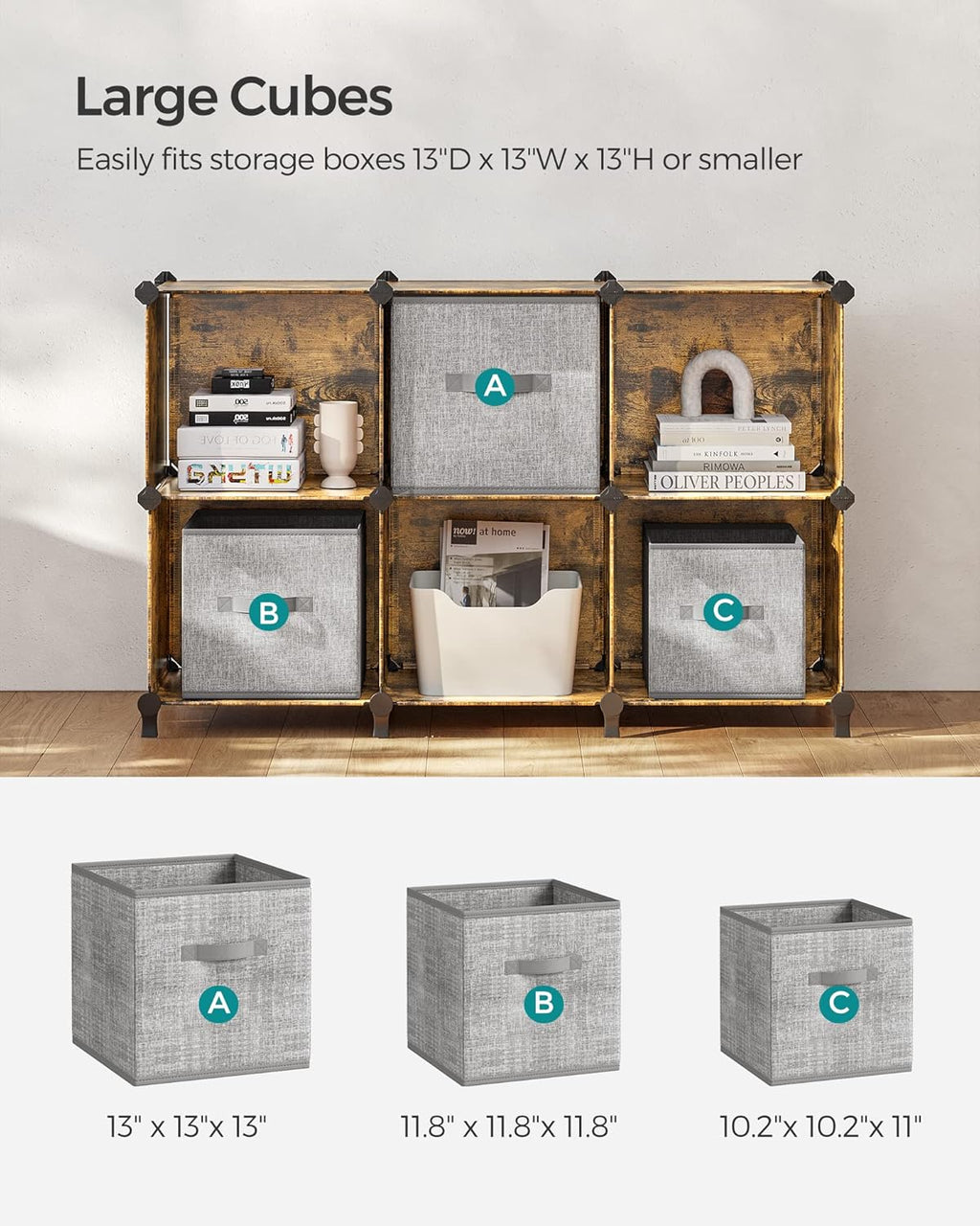 SONGMICS 6 Cube Storage Organizer, Modular Bookshelf, DIY Closet Organizers and Storage, Plastic Stackable Shelves, 14.6 x 13 x 13 Inch Cubes, with Feet and Rubber Mallet, Rustic Brown ULPC206A01
