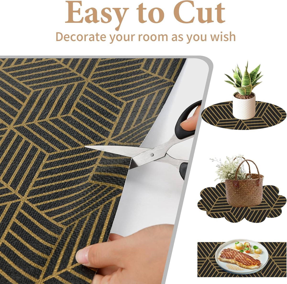 Shelf Liners for Kitchen Cabinets 12in x 20FT, Non Adhesive Cabinet Liner Strong Non-Slip Black Gold Geometric Drawer Liner, Easy to Clean for Shelf, Cabinet with Knife and Tape Measure