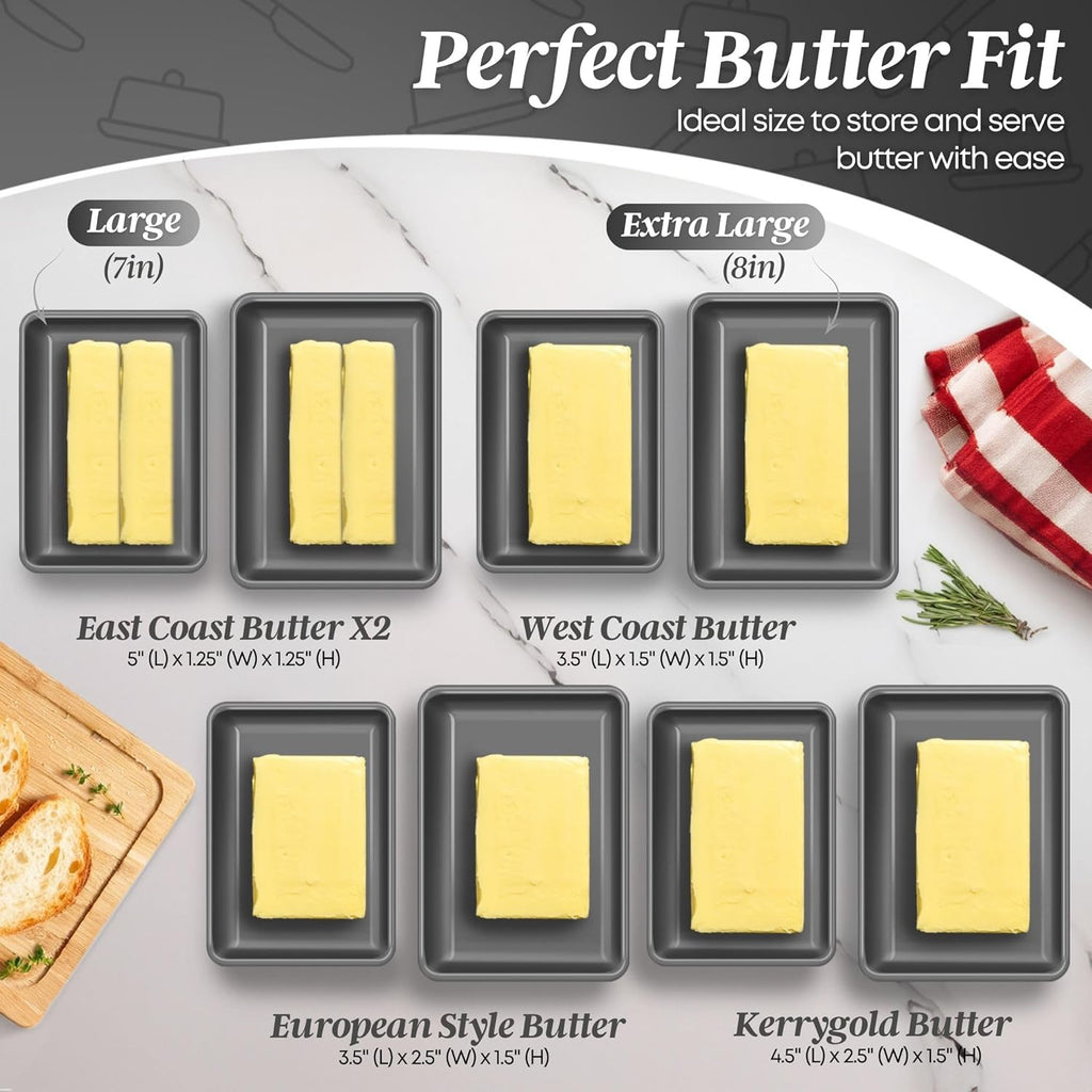 Flexzion Ceramic Gray European Butter Dish with Lid for Countertop (8 Inch) - Wide 2 Stick Double Butter Holder for Counter, Cream Cheese Container Storage Keeper